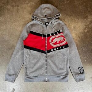 Vintage Y2K Ecko Unltd. grey zip up hoodie with red accents Men's size medium